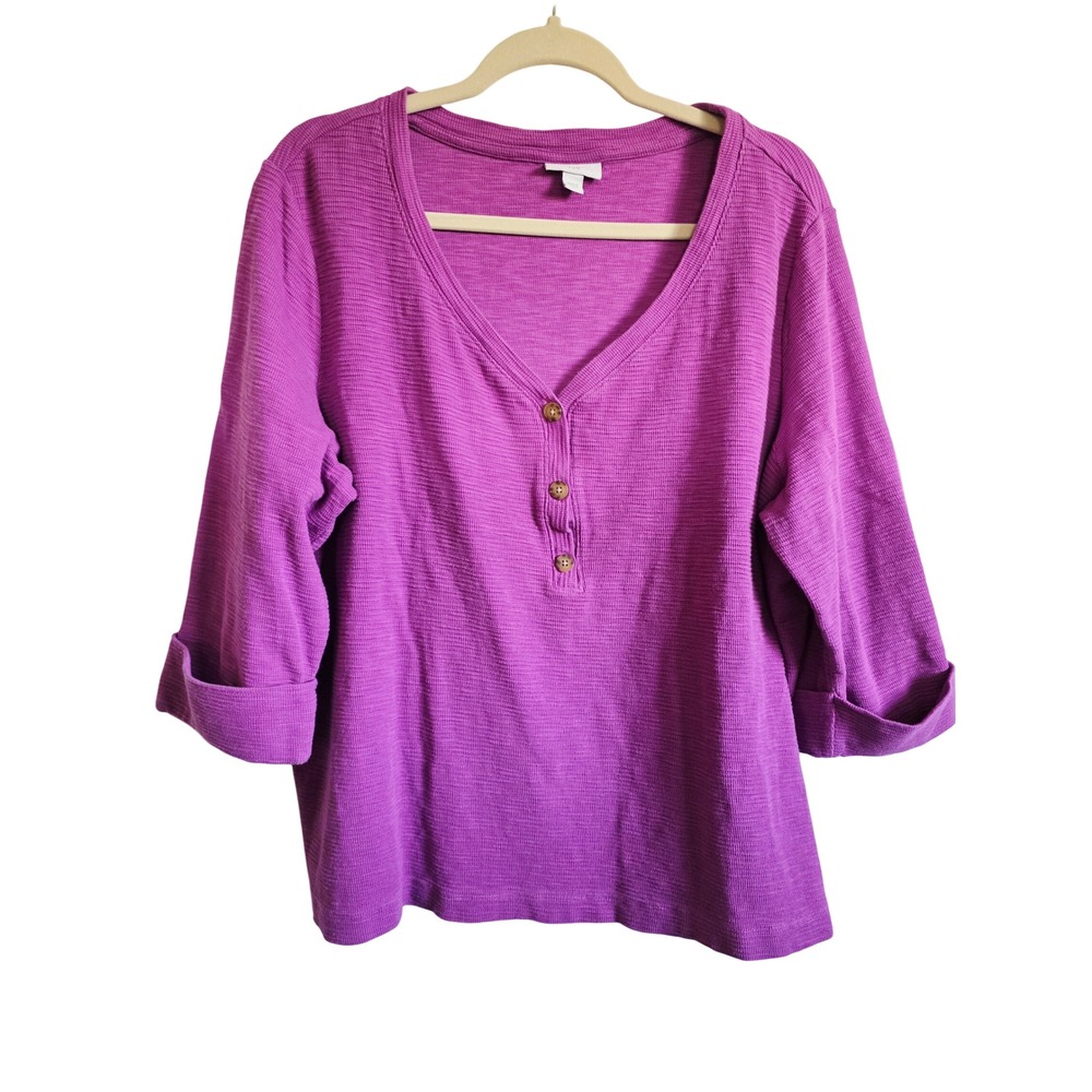 J Jill 2X Purple Textured Henley Shirt 3/4 Sleeve Women's Waffle Weave Cotton - Picture 3 of 8